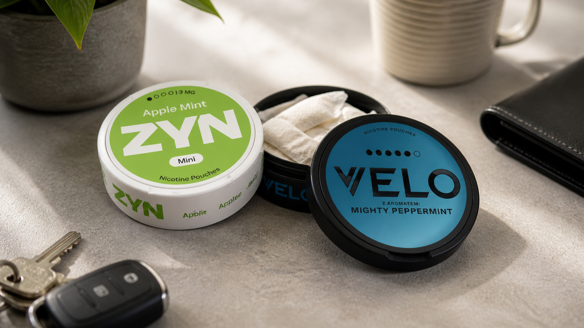Ένα κουτί ZYN Apple Mint και ένα κουτί VELO Mighty Peppermint με ανοιχτό κουτί, κλειδιά αυτοκινήτου και πορτοφόλι σε έναν πάγκο εργασίας