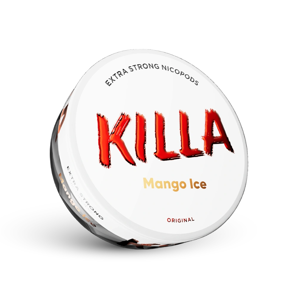 Killa Mango Ice Nicotine Pouches Extra Strong, 16 mg, δοχείο με λευκό σχεδιασμό και κόκκινο λογότυπο