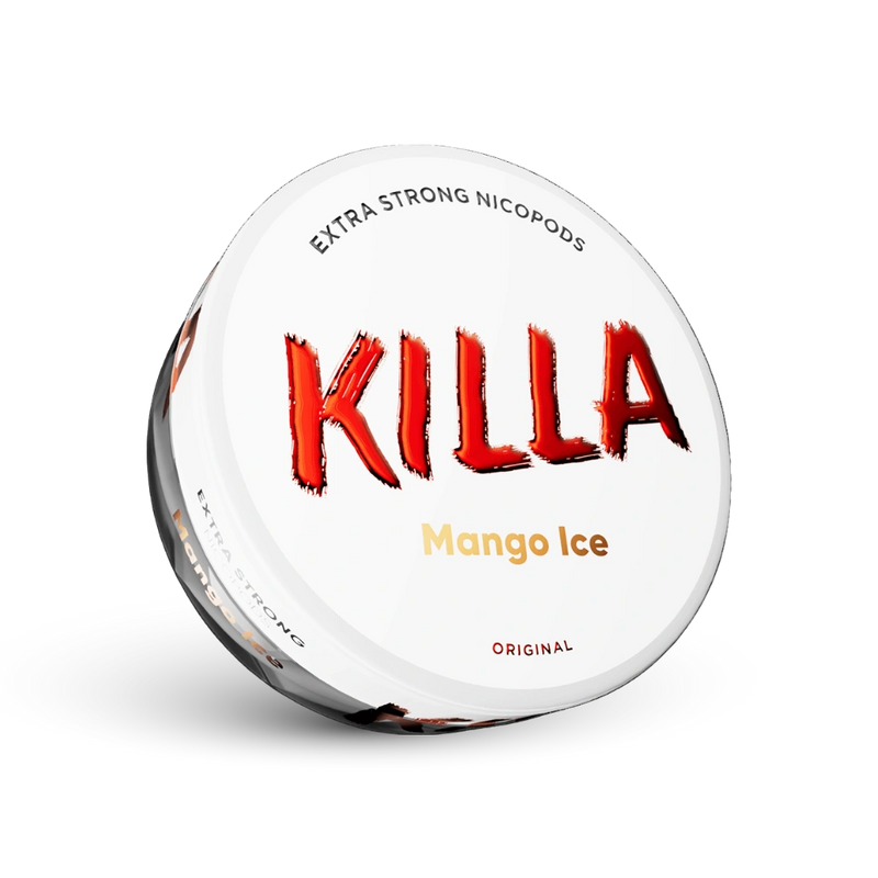 Killa Mango Ice Nicotine Pouches Extra Strong, 16 mg, δοχείο με λευκό σχεδιασμό και κόκκινο λογότυπο