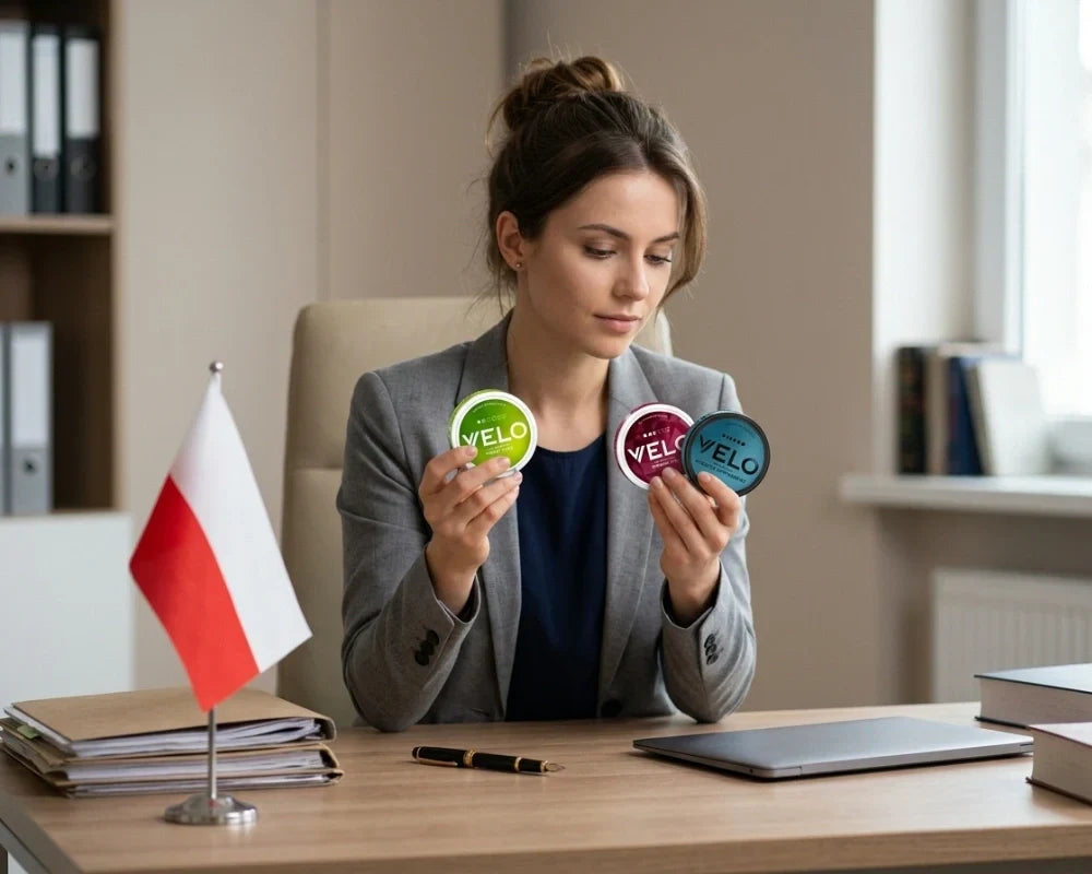 Γυναίκα σε γραφείο που κρατά δύο κουτάκια σακουλάκια νικοτίνης VELO δίπλα σε μια μικρή πολωνική σημαία