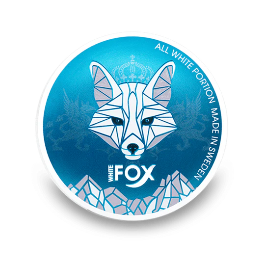Λευκές λεπτές σακουλάκια νικοτίνης White Fox All White σε μπλε κουτί με λογότυπο αλεπούς